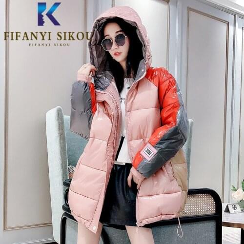 2020 Winter Jacket Women Patchwork Fashion Zipper Down Jacket Hooded Parka Thick Warm Loose Cotton Padded Coat Female Streetwear