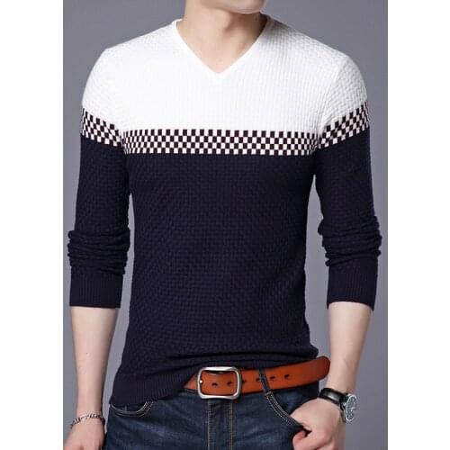 2019 New Autumn and Winter Mens Sweater Fashion Brand Stitching Long-sleeved V-neck Sweater Casual Cotton Slim Men Sweater