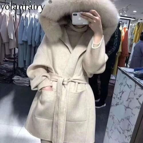 100% Wool Coat Women Winter Female Jacket Real Fox Fur Collar Hooded Womens Clothing Korean Coats 2020 Casaco Feminino Pph1445