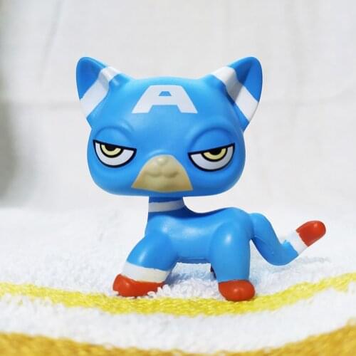 Rare Lps Pet Shop Toy Captain America Spaniel PinkDog Black Short Hair Cat Collection Action Standing Role Playin ChildrensGift