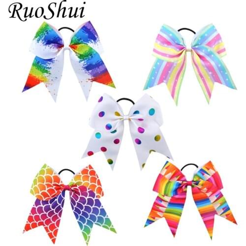5PCS/bag 7Inch Colored Bow Elastic Hair Band Multi-Pattern Glitter Grosgrain Ribbon Headwear for Girl Ponytail Hair Accessories