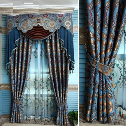 Custom Made Luxury Villa Club Curtain for Living Room Tulle Window Curtains Blue Hanging beads Curtains Jacquard process curtain