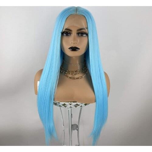 Blue Lace Front Synthetic Wig Long Body Wave Dark Blue Wig 22 Inch Middle Hairline Wig 150 Density Fiber Soft Hair Glueless Wig