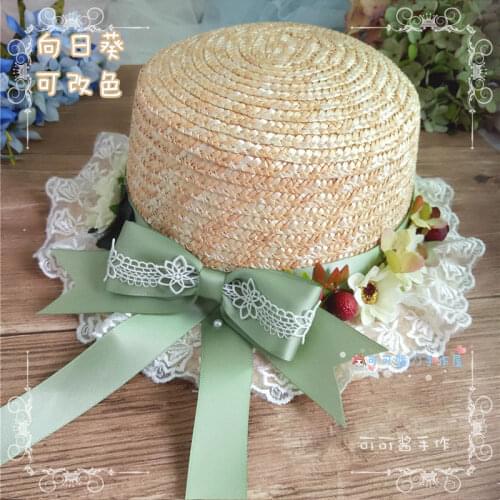 Lolita straw hat soft sister hat rural girl flowers Japanese parents and children sunflower dress the seaside
