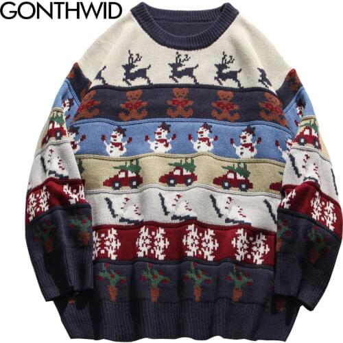 GONTHWID Ugly Christmas Elk Snowman Xmas Santa Jumpers Sweaters Harajuku Casual Pullover Crewneck Sweater 2020 Men Fashion Tops