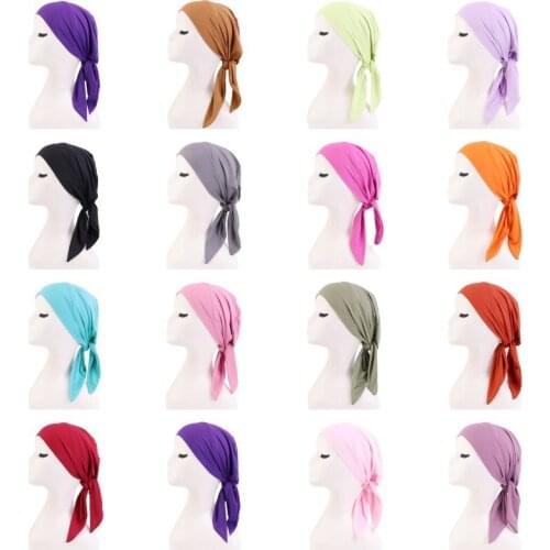 15Colors Unisex Beanies Muslim Stretch Lace Up Wraps Hijabs Caps Women Pure Color Elastic Band Long Tail Turban Hat