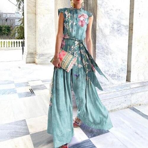 Office Lady Jumpsuit 2021 Floral Print Stand Collar Women Wide Leg Belted Patchwork Romper for Party