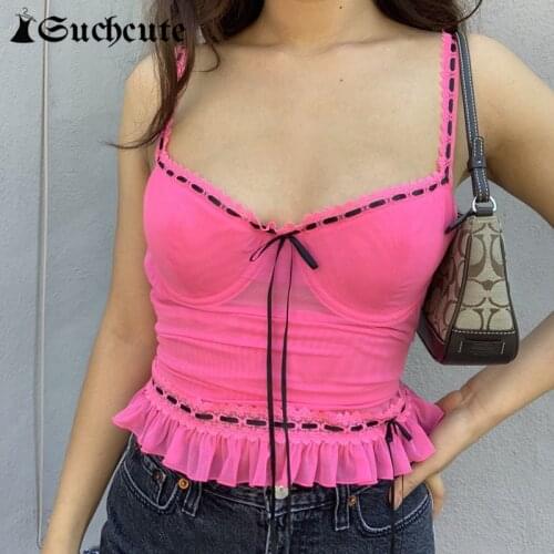 SUCHCUTE Aesthetics Mesh Crop Tops For Women Streetwear 90s Outfits Ruffles Hem Tank Tops Summer Fashion Pink Cute Girls Tops