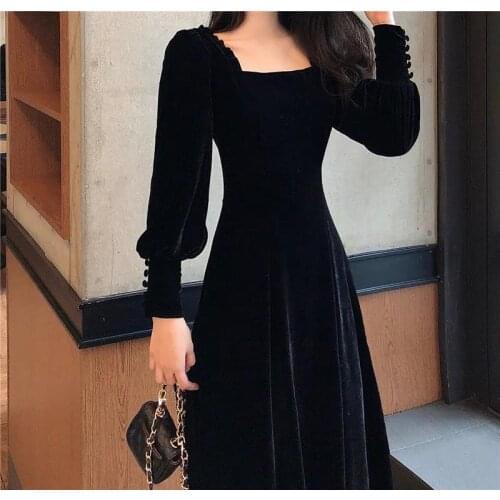Autumn and winter 2021 new gold velvet dress women French retro square collar waist Office Lady Knee-Length
