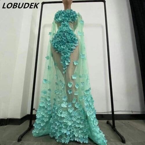 Fashion Wedding Evening Party Mesh Transparent Flower Dresses Green Shawl Tail Prom Women Singer Dancer Stage Performance Outfit