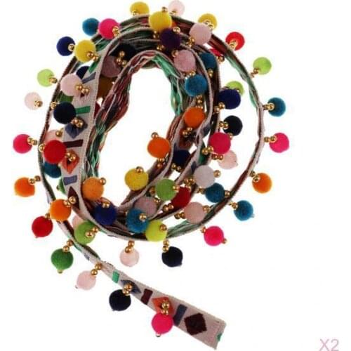 2Pcs Ethnic Fringed Tassel Lace Jacquard Ribbon With Pompom Ball Trim 1 Yard