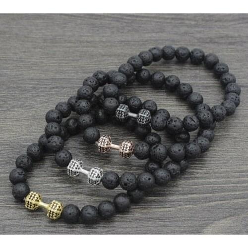 8mm w2f Dumbbell gold cz zircon cubic zirconia elastic adjusted black volcanic lava Bracelet Stone bead essential oils diffuser