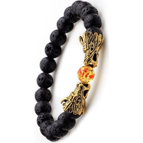 Animal Zodiac Dragons Bracelet Men Vintage Gold Color Dragon Head Lava Stone Beads Bracelets Bangles For Women