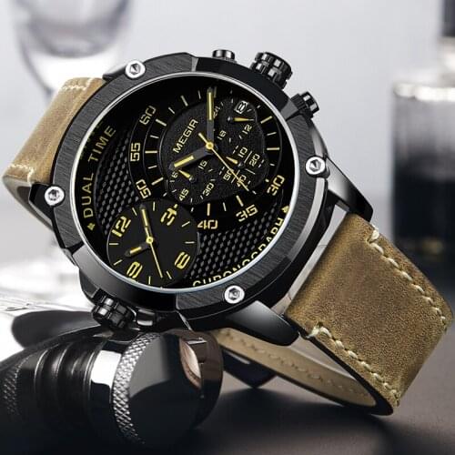MEGIR Chronograph Sport Watch Men Quartz Dual Time Business Wrist Watches Waterproof Calander Leather Military Male New Clock