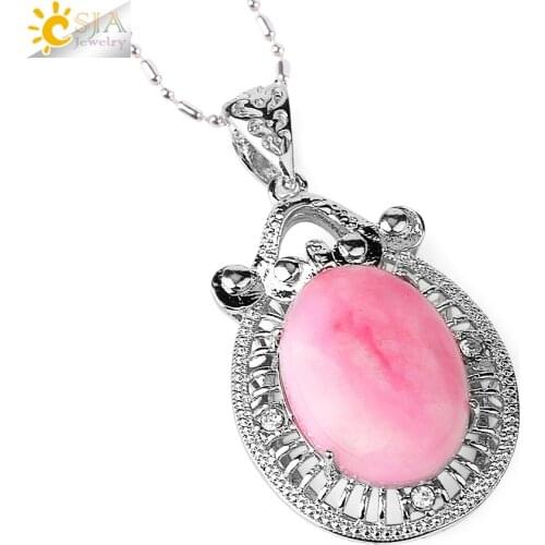 CSJA Oval Pendants Natural Stone Colorful Gems Pink Cabochon Hollow Pendant Necklaces Rhinestone Female Charm Jewelry Party E798