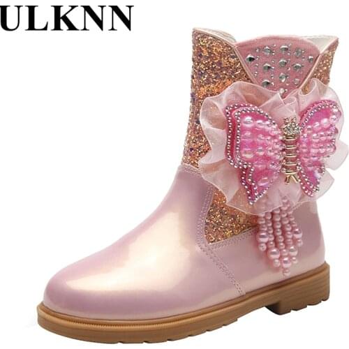 ULKNN Childrens Boots Side Zipper Princess Party Shoes Cute Girls New Bow Style For Autumn Winter Footwears Patent Leather PU