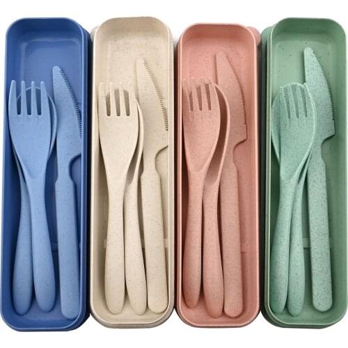 JANKNG Travel Cutlery Set Portable Cutlery Box Wheat Straw Dinnerware Set Japan Style Knife Fork Spoon Student Kitchen Tableware