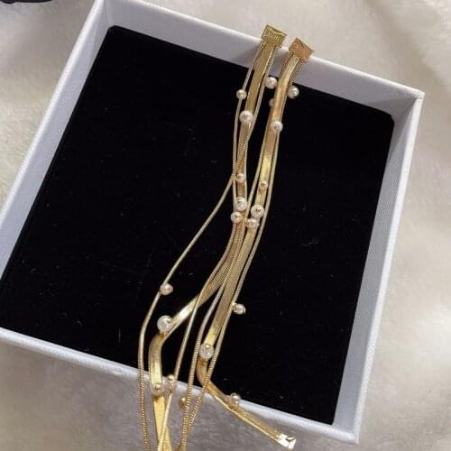 European and American ultra-long tassel light gold pearl earrings exaggerated temperament earrings