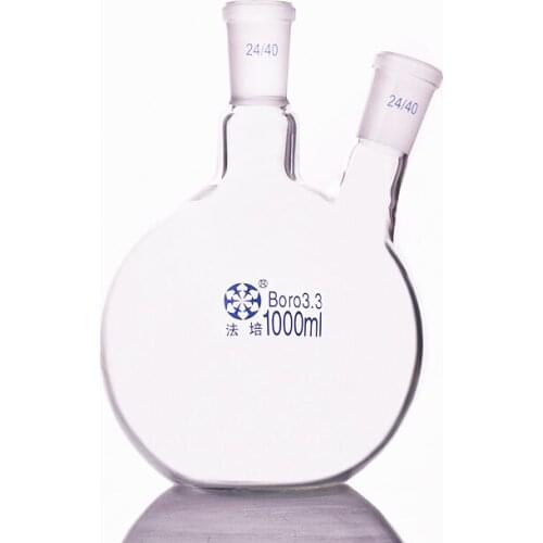 Two-necked flask oblique shape,with two necks standard grinding mouth,Capacity 1000ml 24/40,Two-necked flat bottom flask