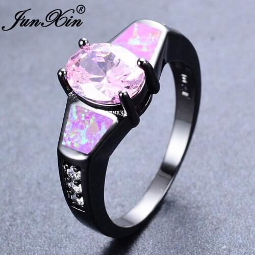 JUNXIN Women Girl Pink Fire Opal Ring Black Gold Filled Wedding Party Engagement Pink AAA Zircon Ring Bijoux Romantic Jewelry