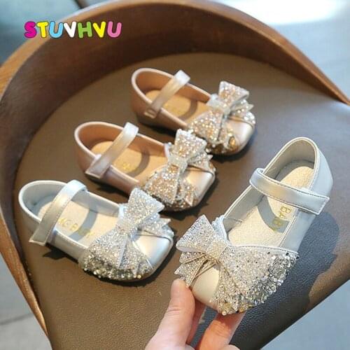 Leather Girls Princess Shoes Rhinestone Bow Kids Shoes Casual Soft Bottom Low-heeled Baby Toddler Girls Shoe Gold Silver 21-30