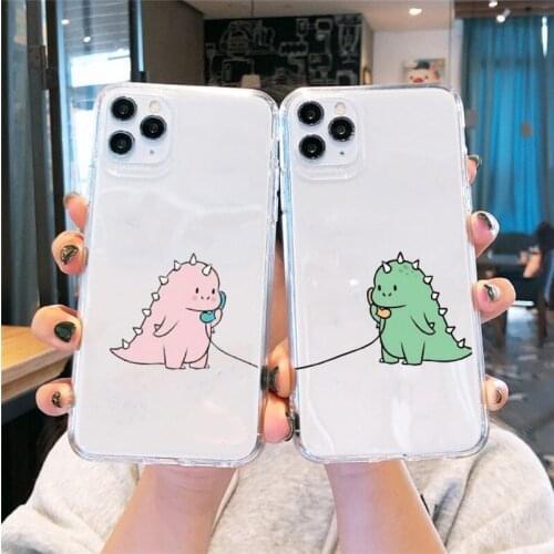 Cute Green Pink Dinosaur Clear Phone Case For iPhone 11 12 Pro Max Mini SE 2020 6 7 8 Plus XS 6S X XR Soft Cover Couple Fundas