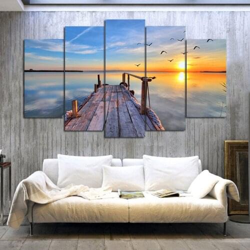 Beach Bridge Poster 5 Panel Wall Art for Living Room Sea Bird Pictures Canvas Painting Home Decor Landscape Posters and Prints