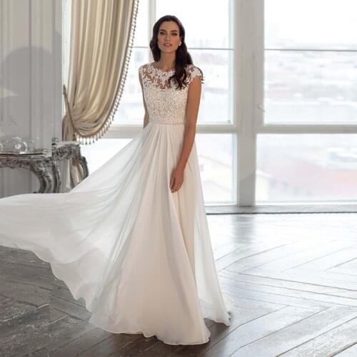 Charming Summer Beach Chiffon Bridal Wedding Dresses Lace Cap Sleeves Jewel Neck Wedding Gowns for Bride Back Out Beaded 2021