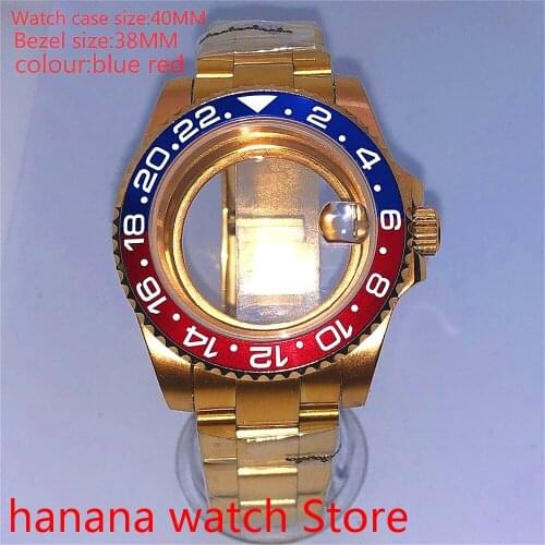 Suitable for pearl automatic winding 40mm sapphire glass transparent back gold box series, with rotating beze blue red