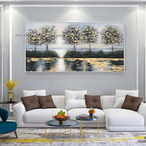 Modern 100% hand-painted grey tree oil painting handmade large drawing living room hotel restaurant decoration as a gift