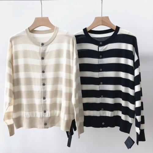Women Sweater 2021 Autumn New Contrast Striped Round Neck Button Loose Wool Thin Knit Cardigan Women