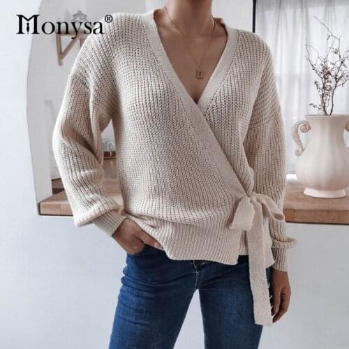 European Style V Neck Knitted Sweater Women 2020 Fall Winter New Arrival Long Sleeve Lace-up Sweaters Ladies Casual Knitwear