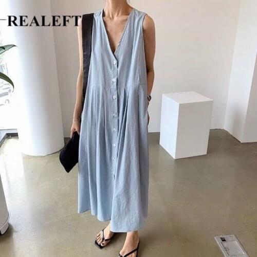 REALEFT Summer 2021 New Vintage Solid Womens Shirts Dresses Loose V Neck Single Breasted Female Chic A-Line Long Dress Pockets
