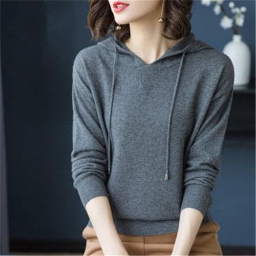 100%goat cashmere solid knit women casual hooded loose pullover sweater grey 4color M-XL