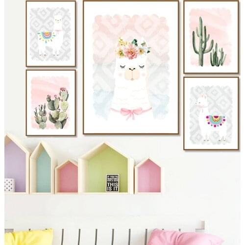 Watercolor Llama Cactus Painting Nursery Decor Boho Wall Art Canvas Print Nordic Poster Wall Pictures Baby Girl Room Decoration