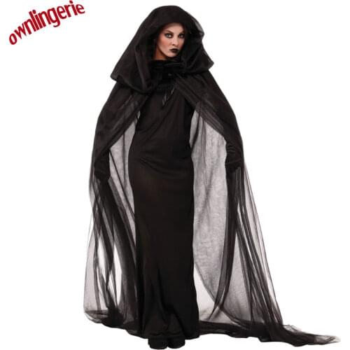 Free Ship Scary Women Costume,Floor Length Vampire Black Mesh Hooded Cloak Halloween Costume,Gloves,Demon Ball Cosplay Costume