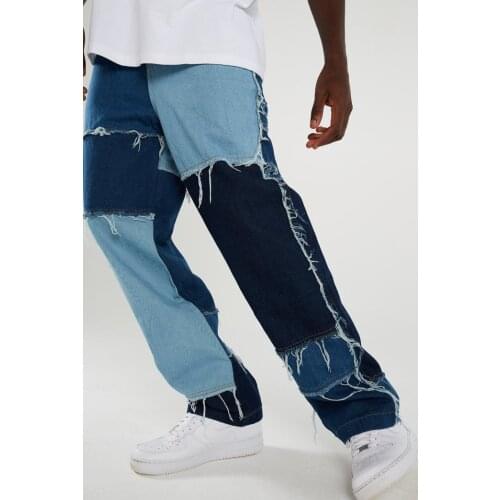 Retro Fashion Mens Straight Leg Jeans Streetwear Soft Denim Stitching Straight Leg Pants Wear Patchwork Loose Jeans Trousers