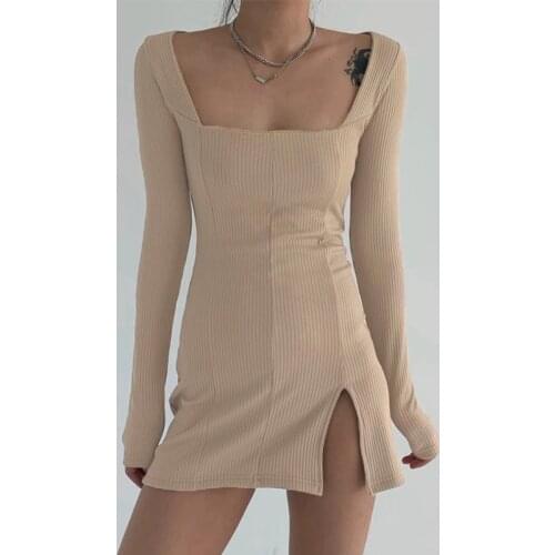 Elegant Square Neck Ribbed Black Dress Female Knitted Side Split Bodycon Dress Long Sleeve Fashion Mini Dresses Basic