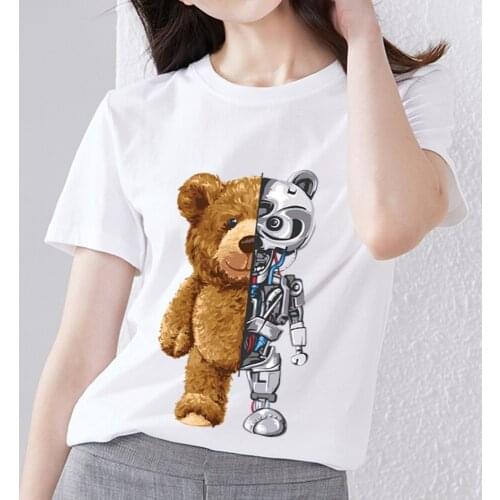 T-shirt Street White Womens Basic Style All-match Cartoon Teddy Bear Print Casual Round Neck Ladies Shirt Slim Polyester Top