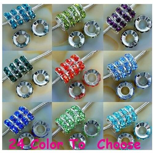 Hyr23ng 10mm Mixed random color Rhinestone Crystal Rondelle Spacer Beads Lot,Rhodium Plated European Beads