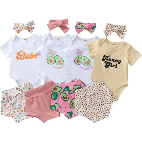 New 3 Pcs Summer Outfits, Baby Girls Letter Print Short Sleeve Round Neck Romper + Shorts + Headband
