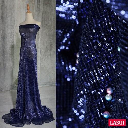 LASUI NEW 1 yard=1 piece W0130 Blue encryption Sequin wedding Evening dress costume cloth Sequined mesh lace fabric