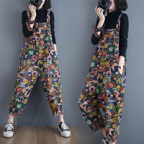 Fall 2020 New Jeans Women Retro Artistic Fan Letters Print Casual Overalls Western-Style One-Piece Women Pants