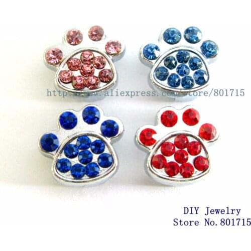 Can through 10mm Belt Pet Collar band slide Charms as gift mix color Rhinestone dog paw 10pcs Internal Dia.10mm Wholesale
