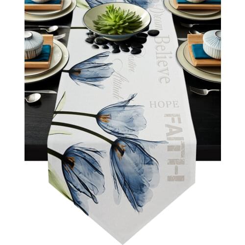 Blue Tulip Flowers Text Modern Table Runner Wedding For Party Event Home Decoration Table Cover Mat Decor Accessories