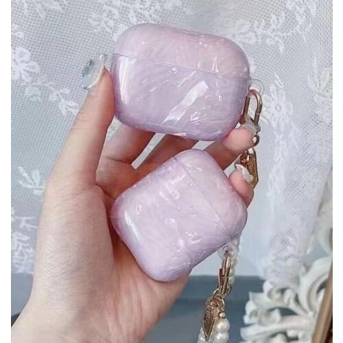 Purple Shell Pattern Wireless Earphone Protective Bag Case for AirPods Pro 3 with Pearl Bracelet Bluetooth for AirPods Case