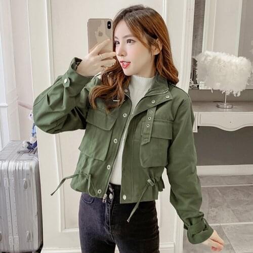 2021 stylish lady autumn green short jackets women fashion long sleeve zipper bomber jacket outwear womens coat