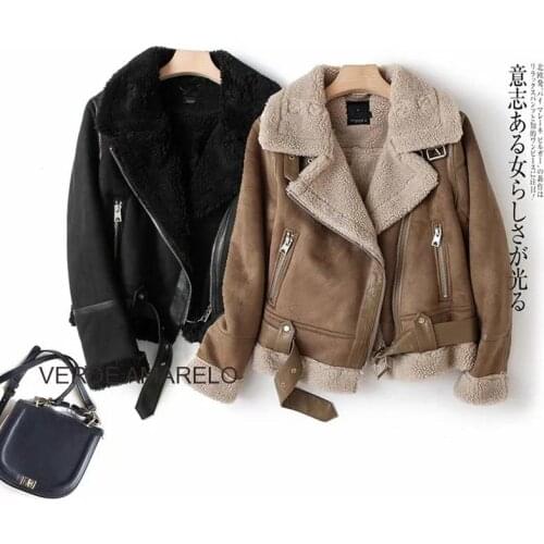 Winter New Women Thick Warm Vintage Suede Biker Jackets Coat Chic Sashes Casual Loose Faux Leather Outwear Tops Female