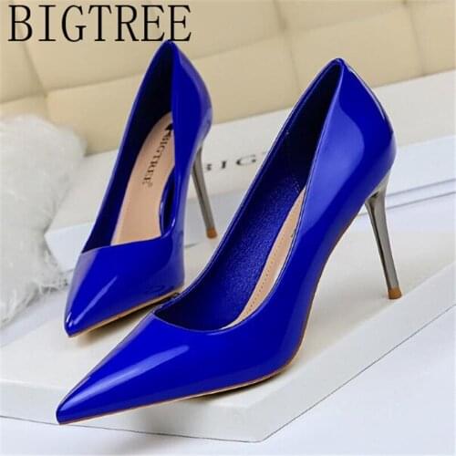 2019 Fashion Women Pumps Shoes Dress Sexy Patent leather PU Pointed Toe Thin Heels 8.5CM High Heels Womens Wedding Shoes