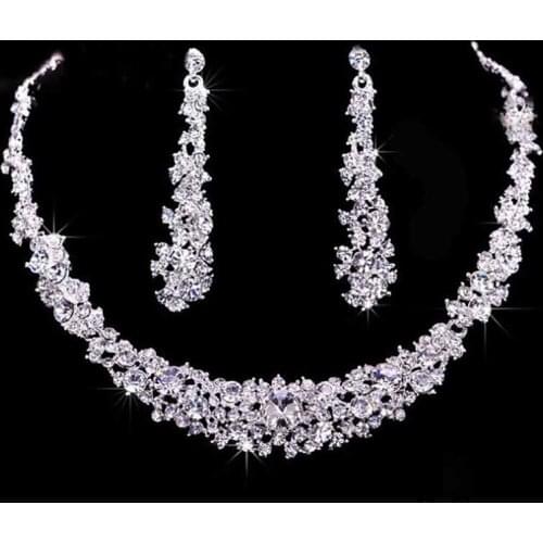 1 set Women Rhinestone Crystal Collar Necklace Earrings Wedding Party Jewelry Set